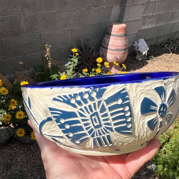 Blue and White Carved Floral Pottery Bowl Handmade - Picture 5 of 8